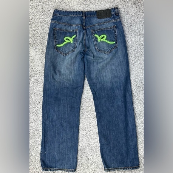 Rocawear Jeans Mens 38 Neon Green Embroidery Regular Wash Relaxed Fit Club Party - Picture 4 of 7